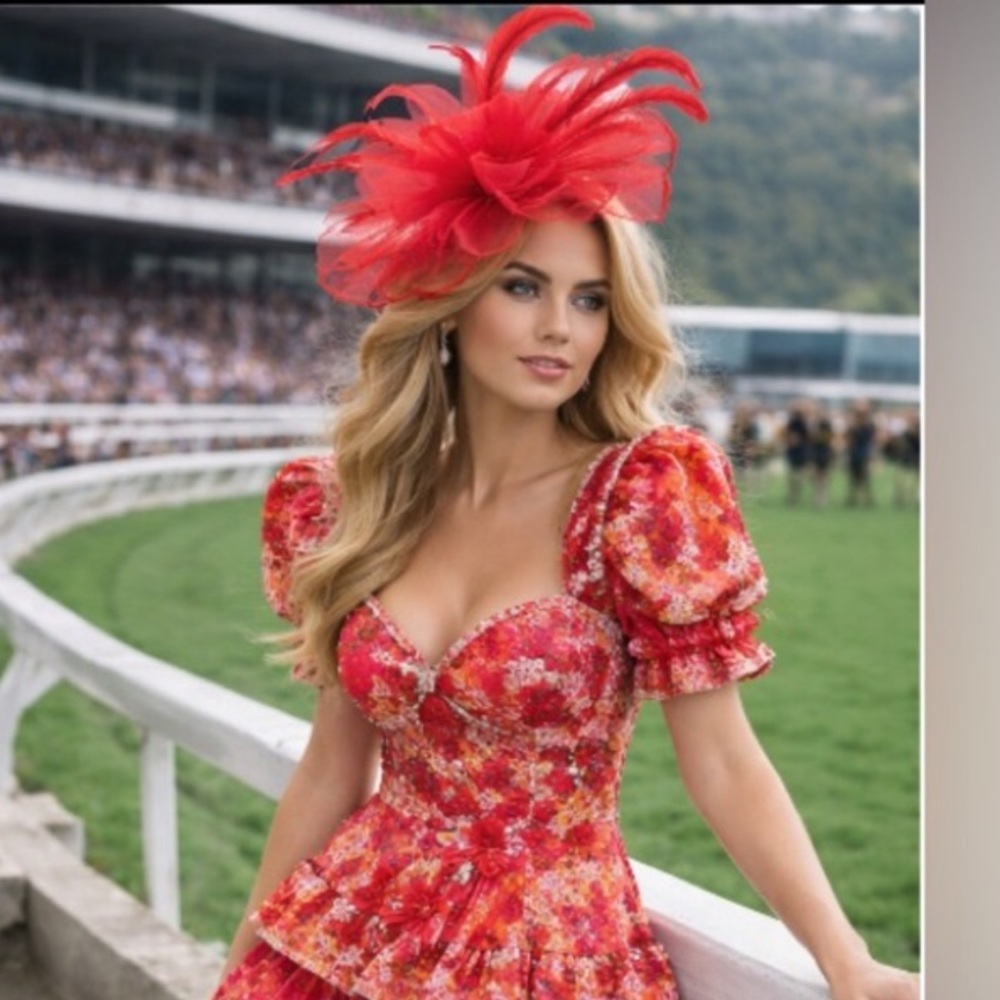 Kentucky Derby Headwear Red Hat Fascinator Feather Statement Formal Occasion